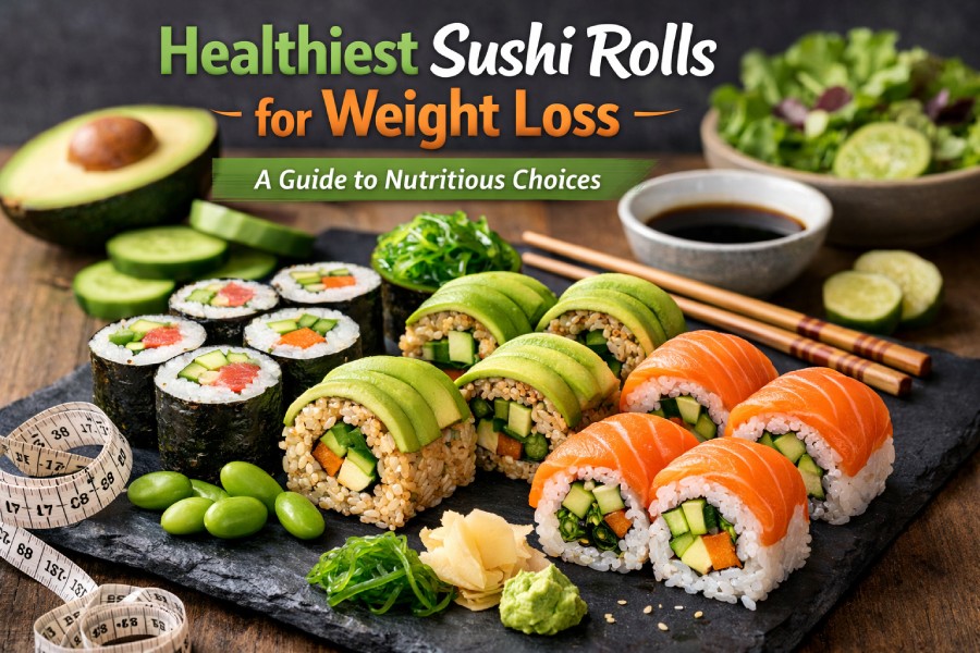 Healthy sushi rolls with salmon, avocado, and cucumber for weight loss
