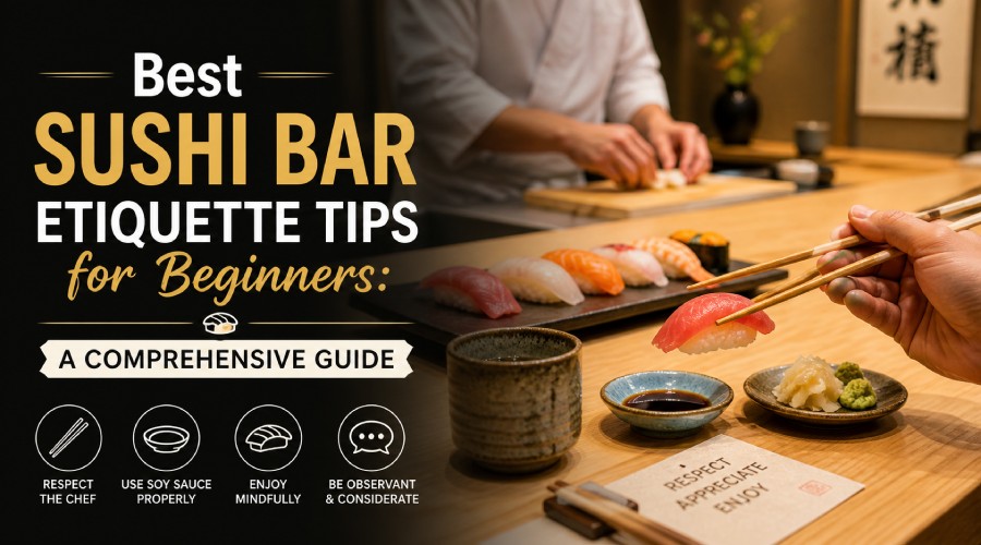 Beginner learning sushi bar etiquette while enjoying sushi at a traditional Japanese sushi counter