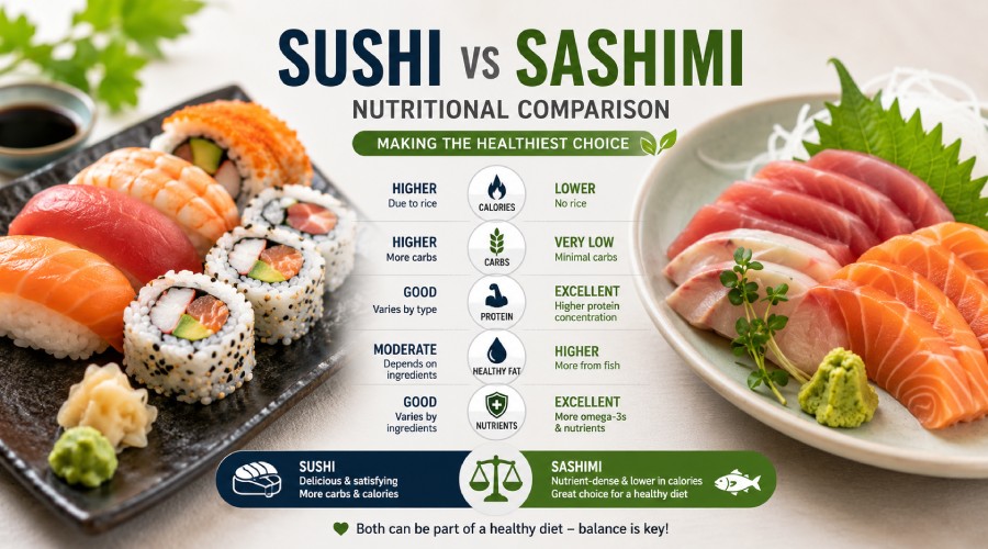 Nutritional comparison of sushi vs sashimi featuring fresh sushi rolls and sashimi slices with health and calorie comparison infographic.